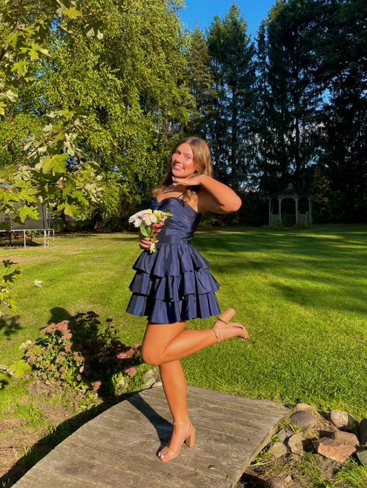 Girlish Ruffled Silky Women's Homecoming Dress Navy Corset Short Prom Dress Party Dress RS2879