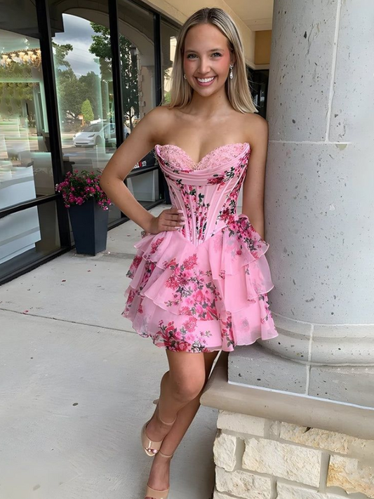 Ruffled Chiffon Floral Women's Homecoming Dress Pink Corset Short Prom Dress Party Dress RS2569