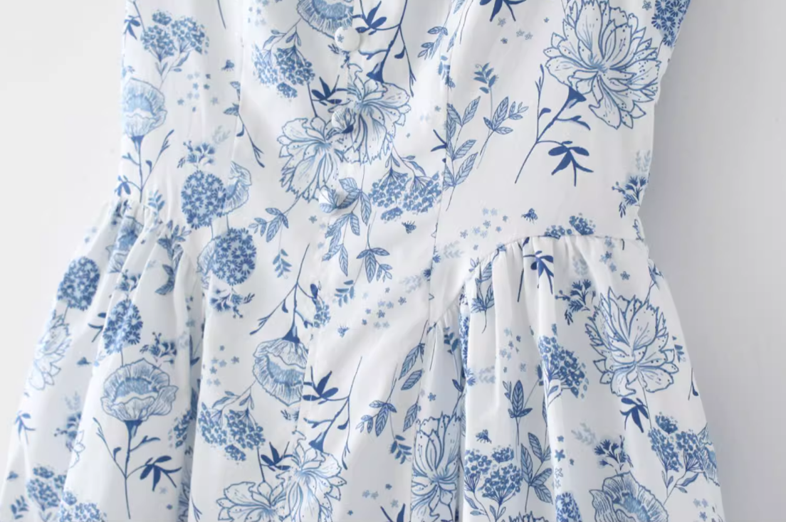 New antique style blue and white porcelain floral pattern niche slimming waist cinching suspender dress new R2878