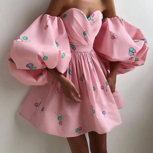 Pink tube top puff sleeve waist slim princess skirt homecoming dress R3680