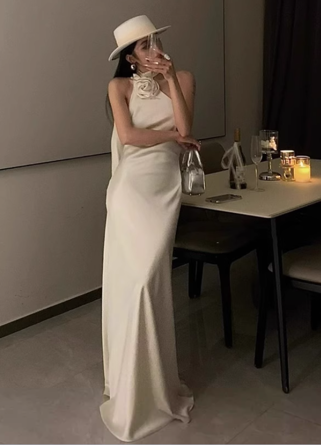 French satin off-shoulder floral dress 2025 backless ribbon evening dress R1383