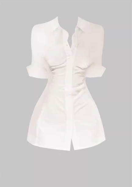 Pure desire hot girl pleated slim lapel shirt 2025 royal sister waist mid-sleeve top R1138