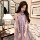 Purple ruffled halter neck off-shoulder suspender dress summer French temperament skirt R4666