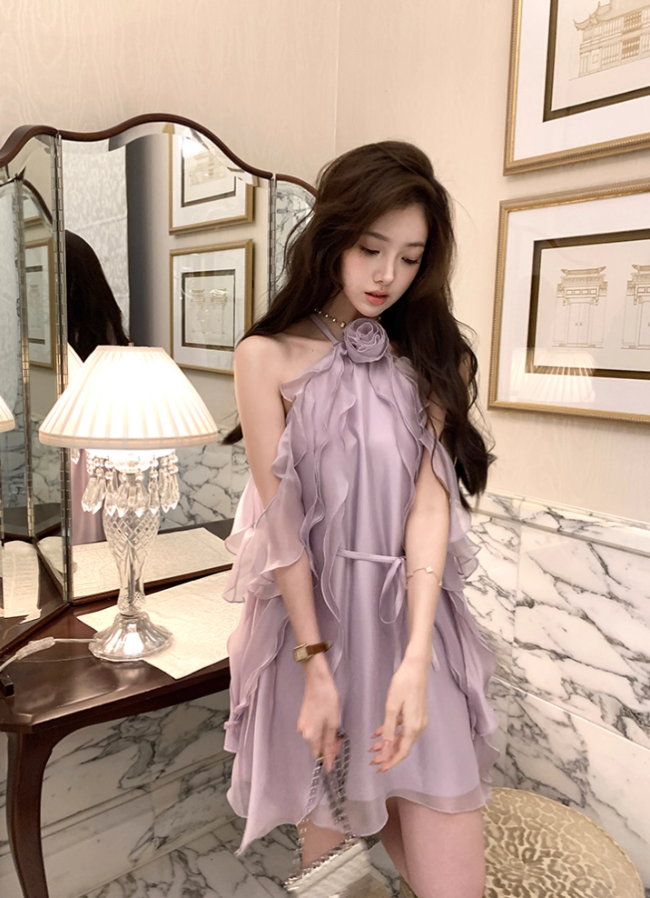 Purple ruffled halter neck off-shoulder suspender dress summer French temperament skirt R4666
