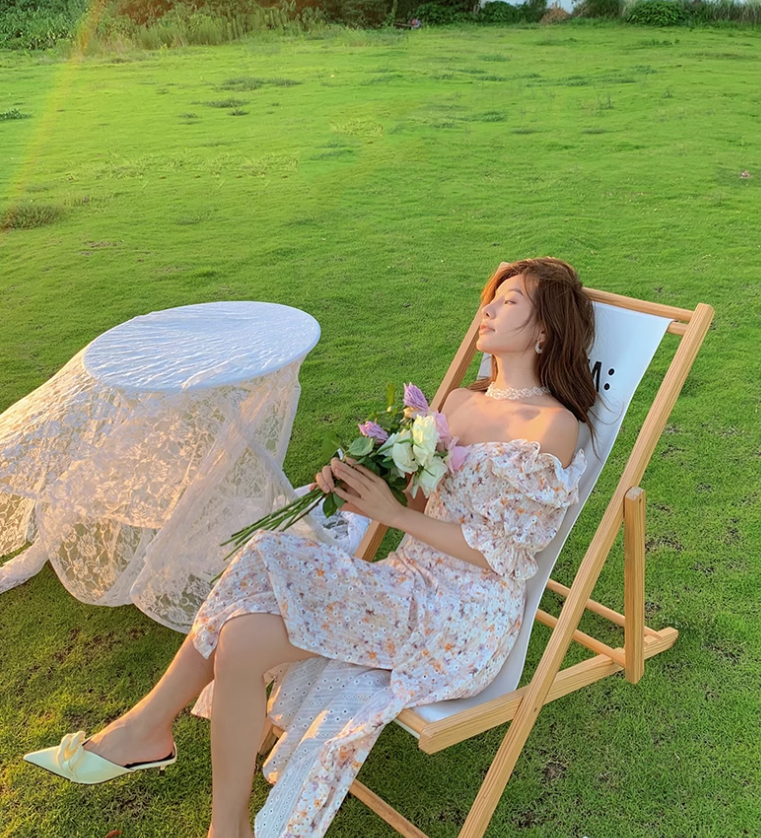 Camellia encounter floral dress holiday style French long skirt R2706