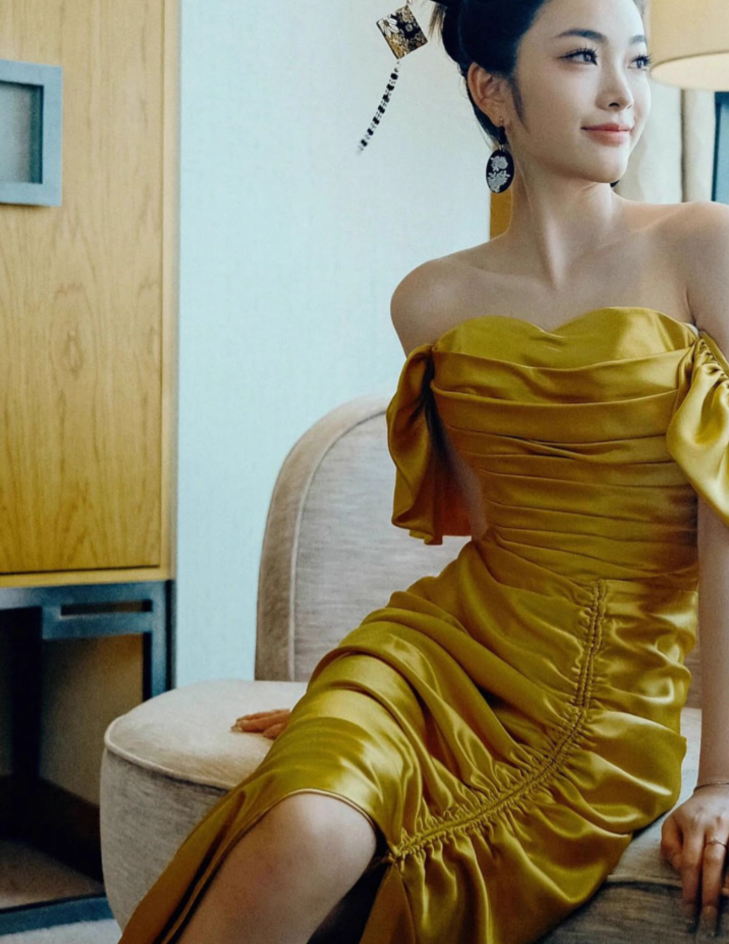 New Chinese style gold one shoulder cheongsam banquet evening dress homecoming dress R2980