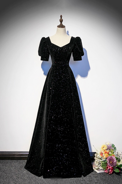 Elegant Black Glitter A-line Square Satin Corset Maxi Prom Dress Evening Dress RS503
