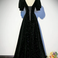 Elegant Black Glitter A-line Square Satin Corset Maxi Prom Dress Evening Dress RS503