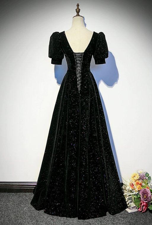 Elegant Black Glitter A-line Square Satin Corset Maxi Prom Dress Evening Dress RS503