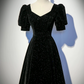 Elegant Black Glitter A-line Square Satin Corset Maxi Prom Dress Evening Dress RS503