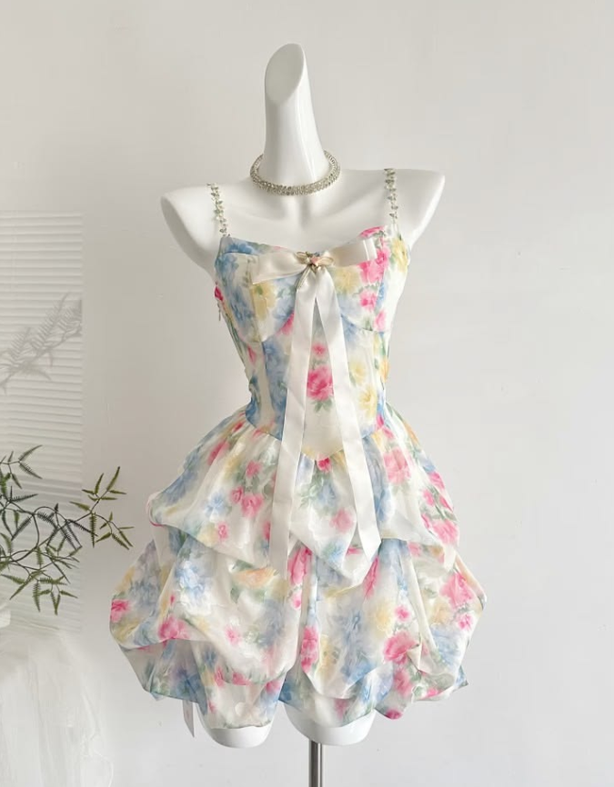 Pretty Floral Homecoming Dress A-Line Spaghetti Straps Corset Mini Summer Dress RS766