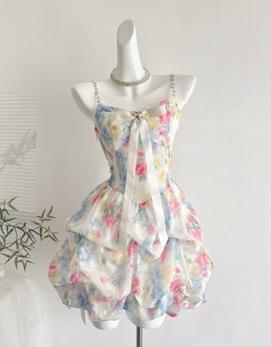 Pretty Floral Homecoming Dress A-Line Spaghetti Straps Corset Mini Summer Dress RS766