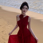 Fairy red off-shoulder dress with slim waist and long swing chiffon dress for holiday R1743