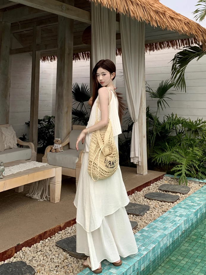 Fairy halter neck dress vacation outfit beach long dress irregular ruffle skirt R1721