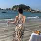 Bohemian style v-neck floral suspender dress temperament waist A-line long skirt R0592