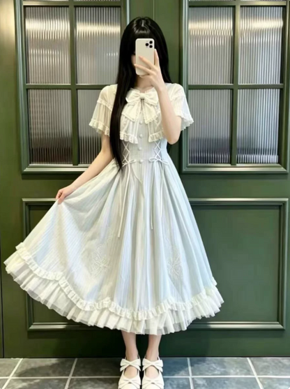 Pretty Pale Blue Plaid Long Dress ,A-Line Puff Sleeves Cinched Waist Fairy Dress RS770