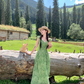 Green long v-neck small flying sleeve waist suspender dress summer temperament skirt R4906