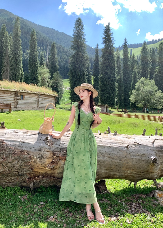 Green long v-neck small flying sleeve waist suspender dress summer temperament skirt R4906