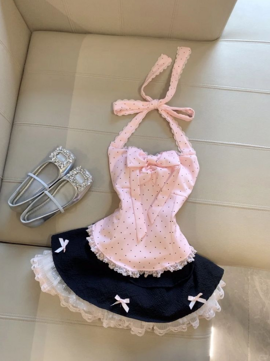 Cute Pink Homecoming Dress ,A-Line Halter Polka Dots Corset Mini Princess Dress RS776