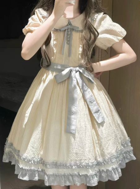 Cream Academy Style Homecoming Dress ,A-Line Jewel Frilled Hem Cute Mini Princess Dress RS777