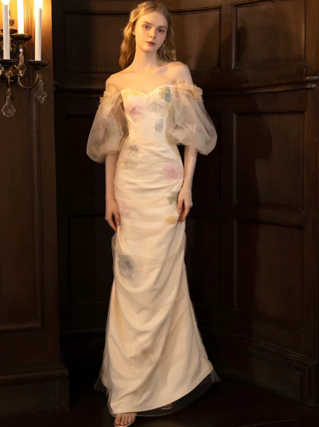 French Chic Ivory Floral Mermaid Off-the-shoulder Tulle Bodycon Maxi Wedding Dress RS758