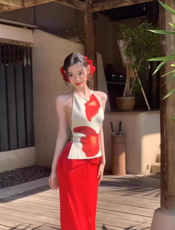 Backless halter neck top 2025 hip-wrapped holiday maxi skirt suit R1397