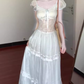 Gentle blue lace puff sleeve dress holiday temperament waist A-line long skirt R0862