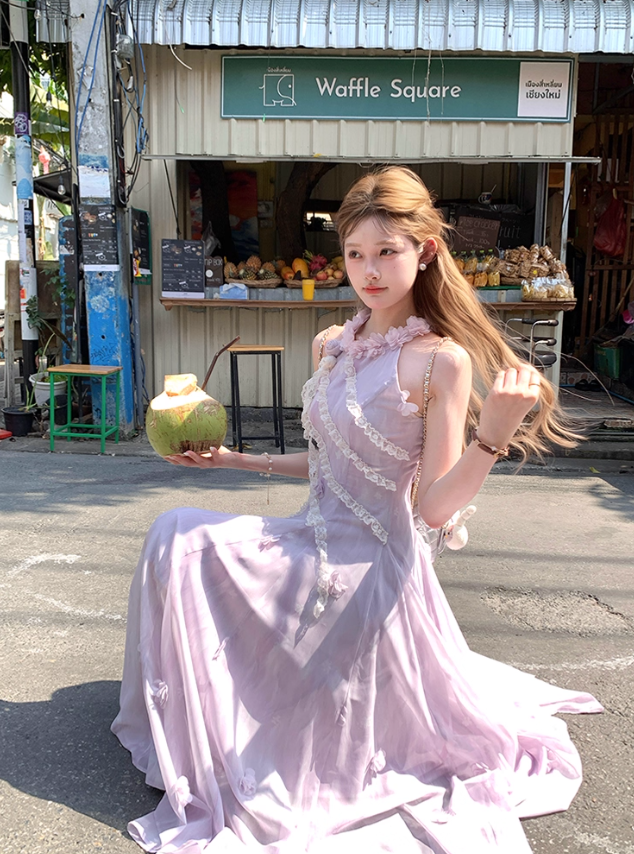 Purple long halter neck dress summer French retro slim fit temperament skirt R4623