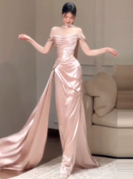Eelgant Pink Prom Dress ,Sheath Off-the-shoulder Bodycon Maxi Evening Dress RS771