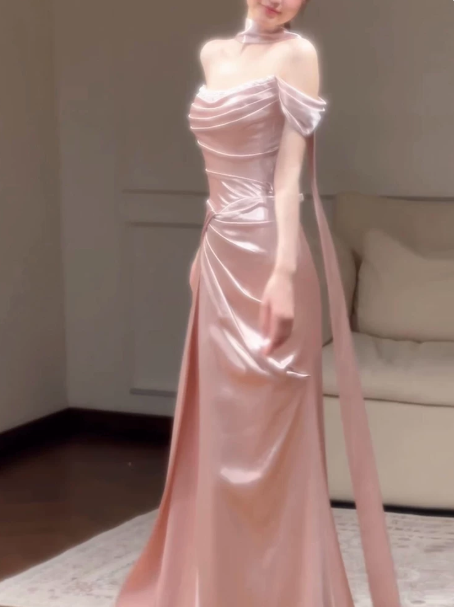 Eelgant Pink Prom Dress ,Sheath Off-the-shoulder Bodycon Maxi Evening Dress RS771