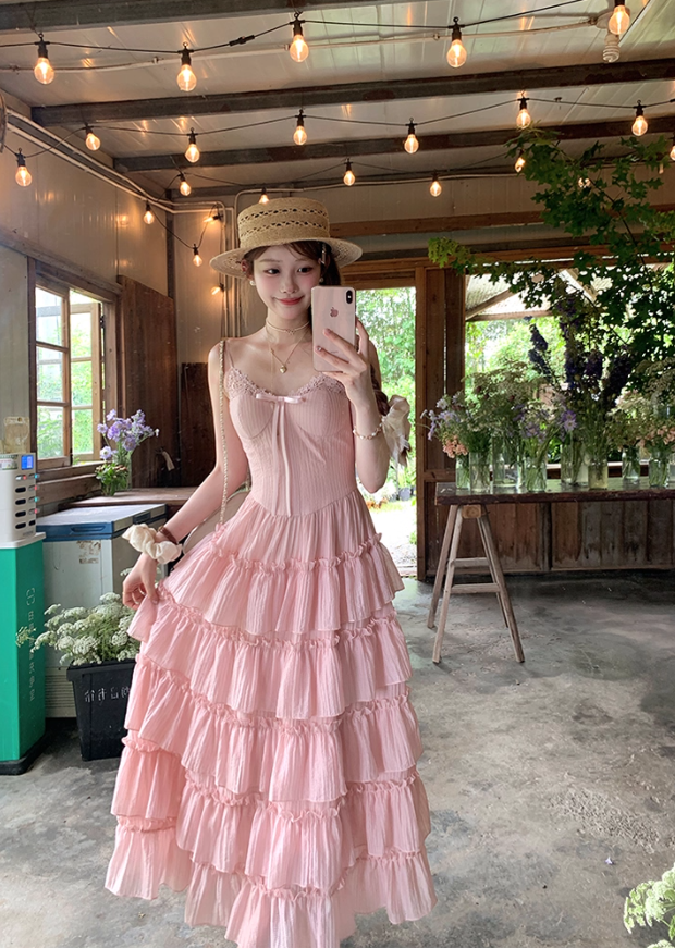 Pink long waist A-line suspender dress for women summer French temperament skirt R4862