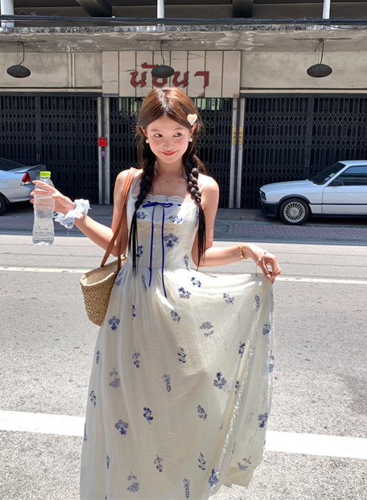 Women's summer French retro slim fit dress with waist suspenders R4698