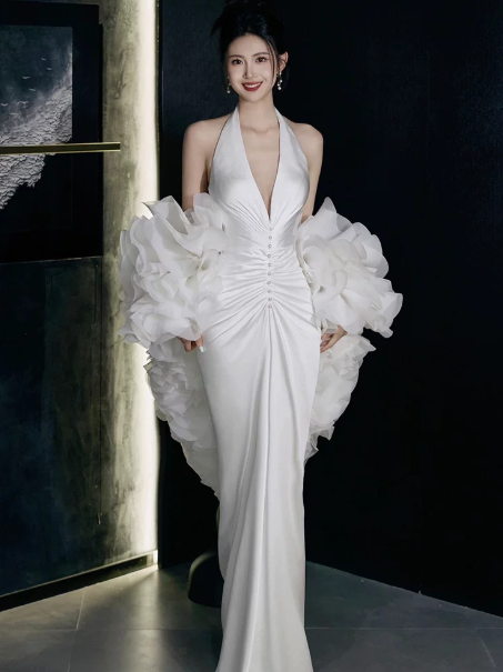 French Chic White Mermaid Halter V-neck Bodycon Maxi Wedding Dress RS759