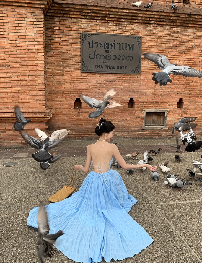 Beach dress suspenders backless dress temperament long skirt holiday style R1565