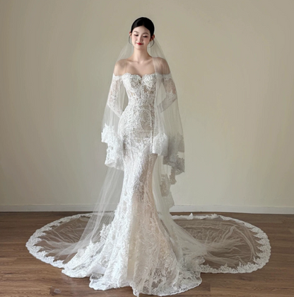 Gorgeous White Mermaid Bateau Lace Bodycon Maxi Wedding Dress RS760