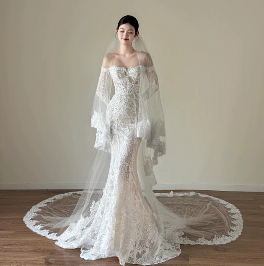 Gorgeous White Mermaid Bateau Lace Bodycon Maxi Wedding Dress RS760