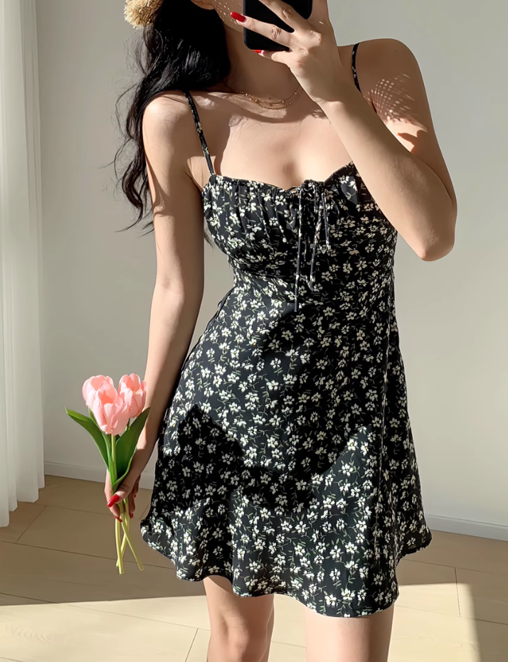 French fresh girl floral suspender skirt slim fit A-line holiday dress short skirt R2806