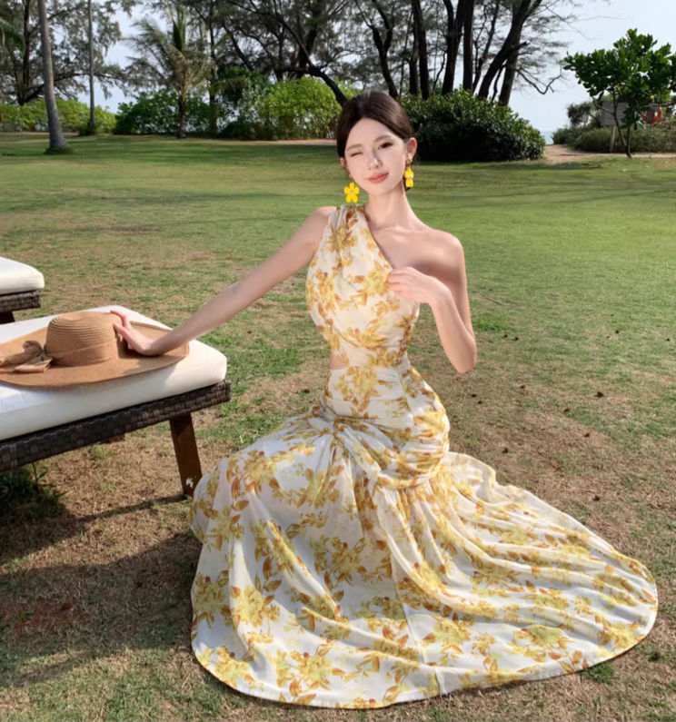 Chic and beautiful skirt atmosphere off-shoulder waist dress chiffon floral beach skirt R1622