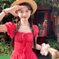Red long square-neck cinched waist A-line dress, a French retro style dress for women's summer R4786