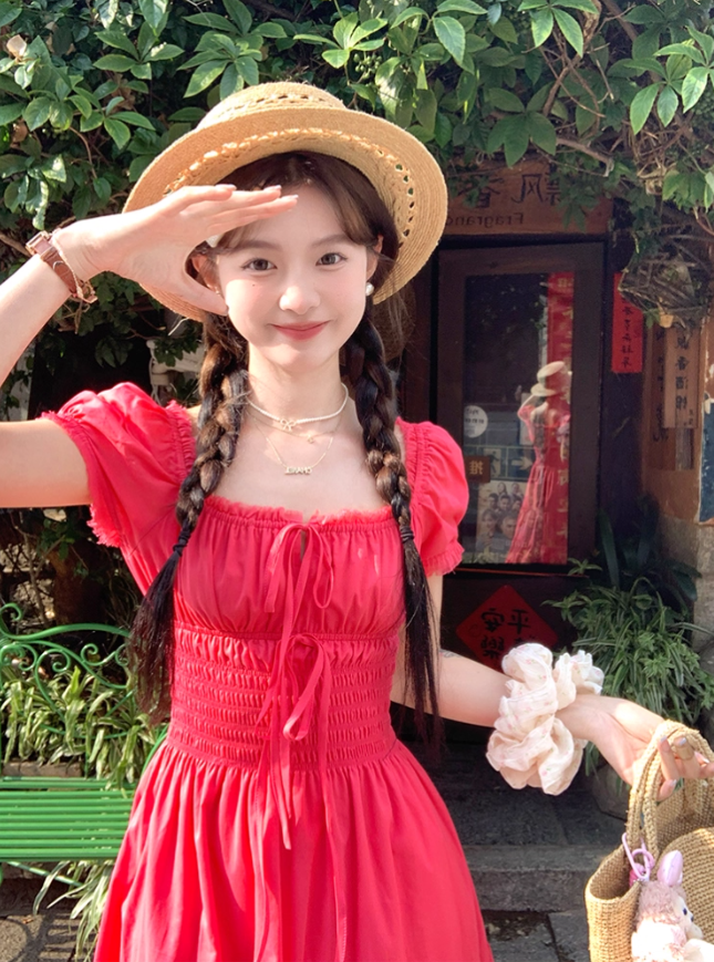 Red long square-neck cinched waist A-line dress, a French retro style dress for women's summer R4786