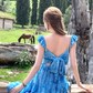 Long blue oil painting rose backless suspender dress for women summer French style skirt R4658