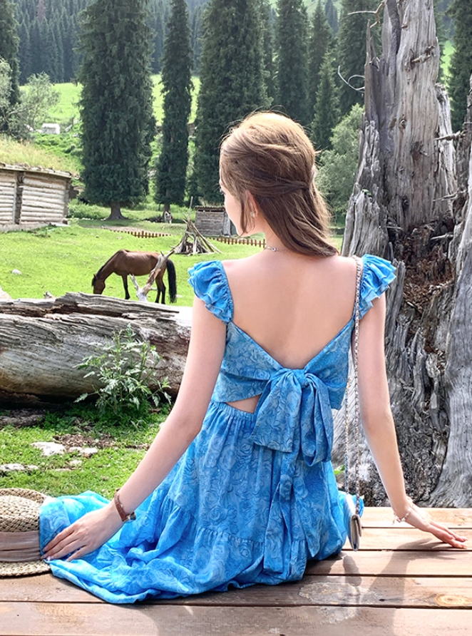 Long blue oil painting rose backless suspender dress for women summer French style skirt R4658