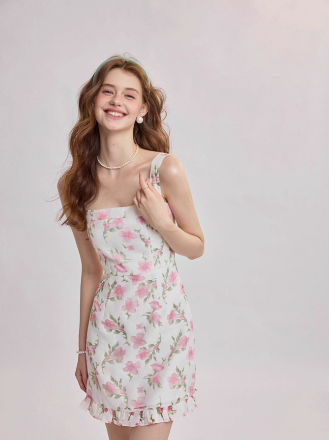 French floral suspender short dress R2710