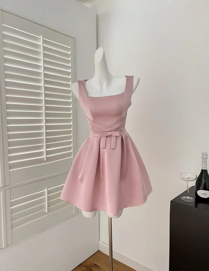 Pink suspenders waist slimming A-line short skirt homecoming dress R3364