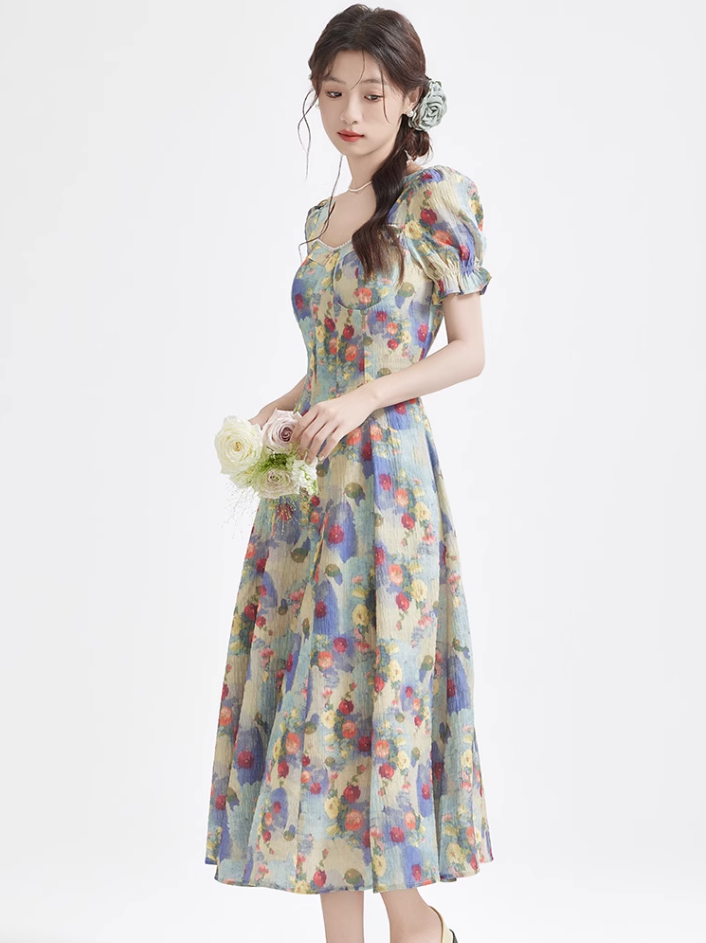 Tea break French retro oil painting dress new beach dress holiday super fairy dress R2389