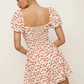 Dress French Cherry Print Square Neck Puff Sleeves Ruffle Waist Short Skirt R2933