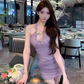 Pure desire style metal buckle halter neck dress 2025 pleated waist hip skirt R1191