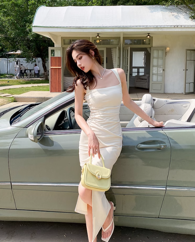 French square neck waist hip dress high waist sleeveless slim suspender dress slit long skirt R1433