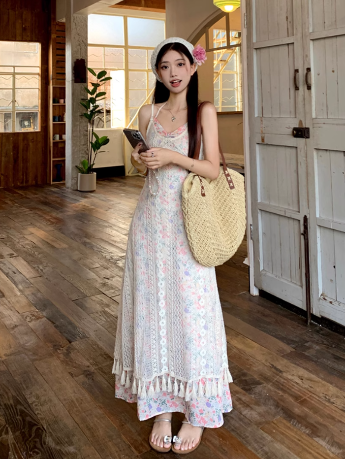 Fairy layered halter neck floral long skirt hollow lace waist temperament suspender dress R1726