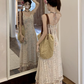 Fairy layered halter neck floral long skirt hollow lace waist temperament suspender dress R1726